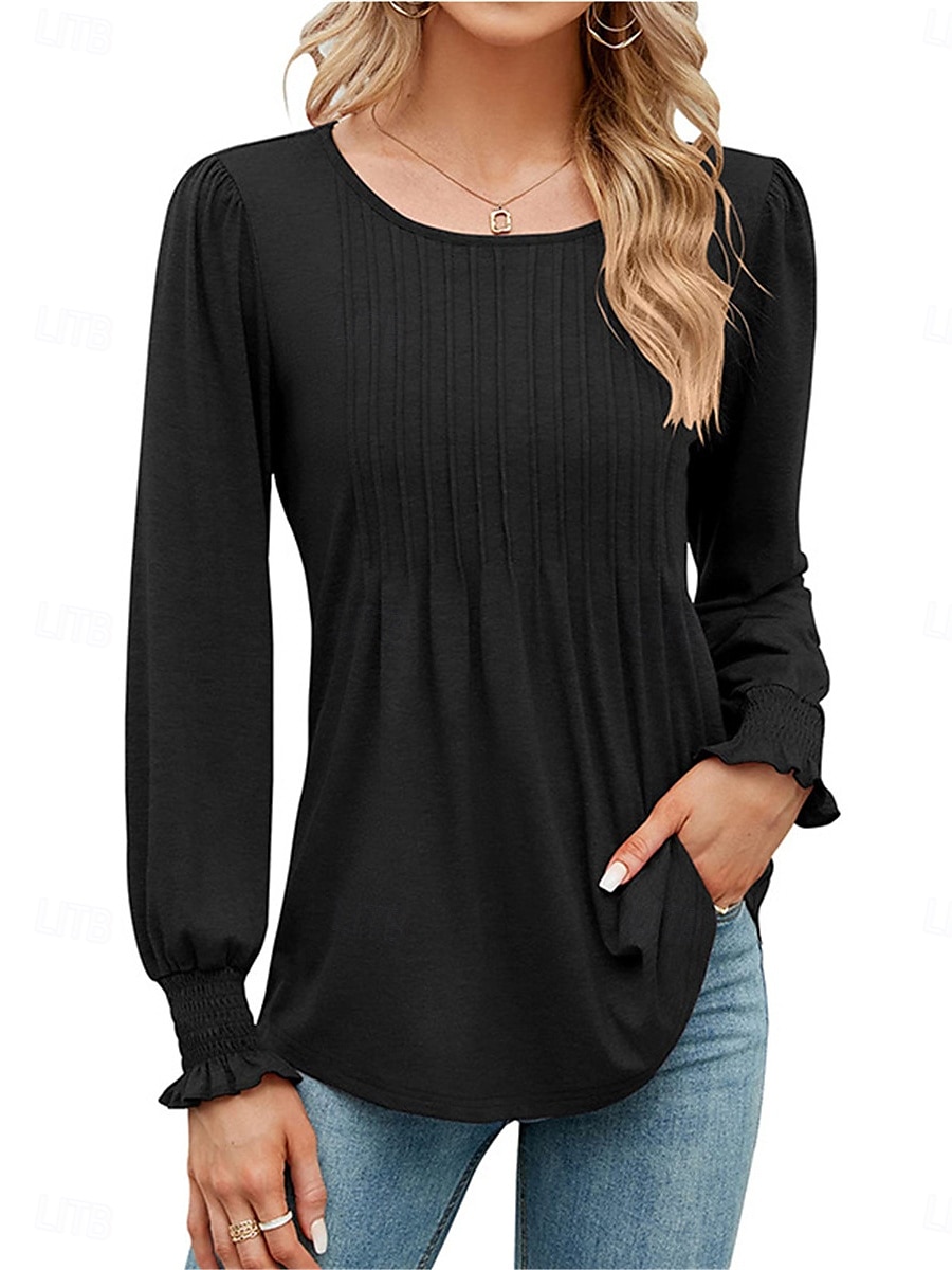 Women's Shirt Blouse Solid Color Basic Casual Long Sleeve Crew Neck Regular Tops Daily Black White Pink Green Fall Winter 2025 - $34.99 –P7