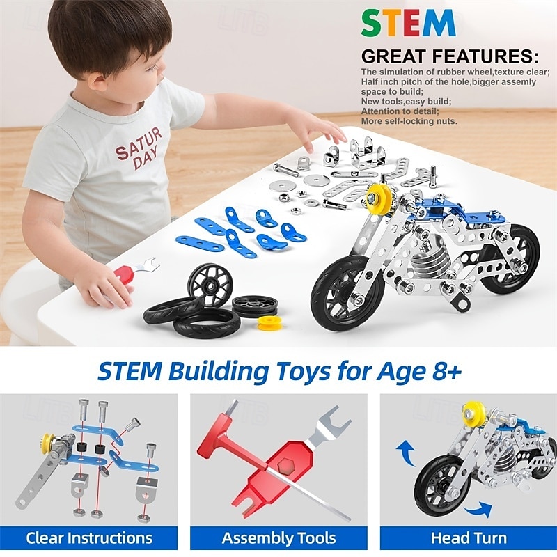 Motorcycle Stem Building Toys For Kids Metal Building Construction Model Kit 5 Variable Multi Shape Motorbike Steam Educational Toys (139PCS) Halloween/Thanksgiving Day/Christmas gift 2025 - $19.49 –P10