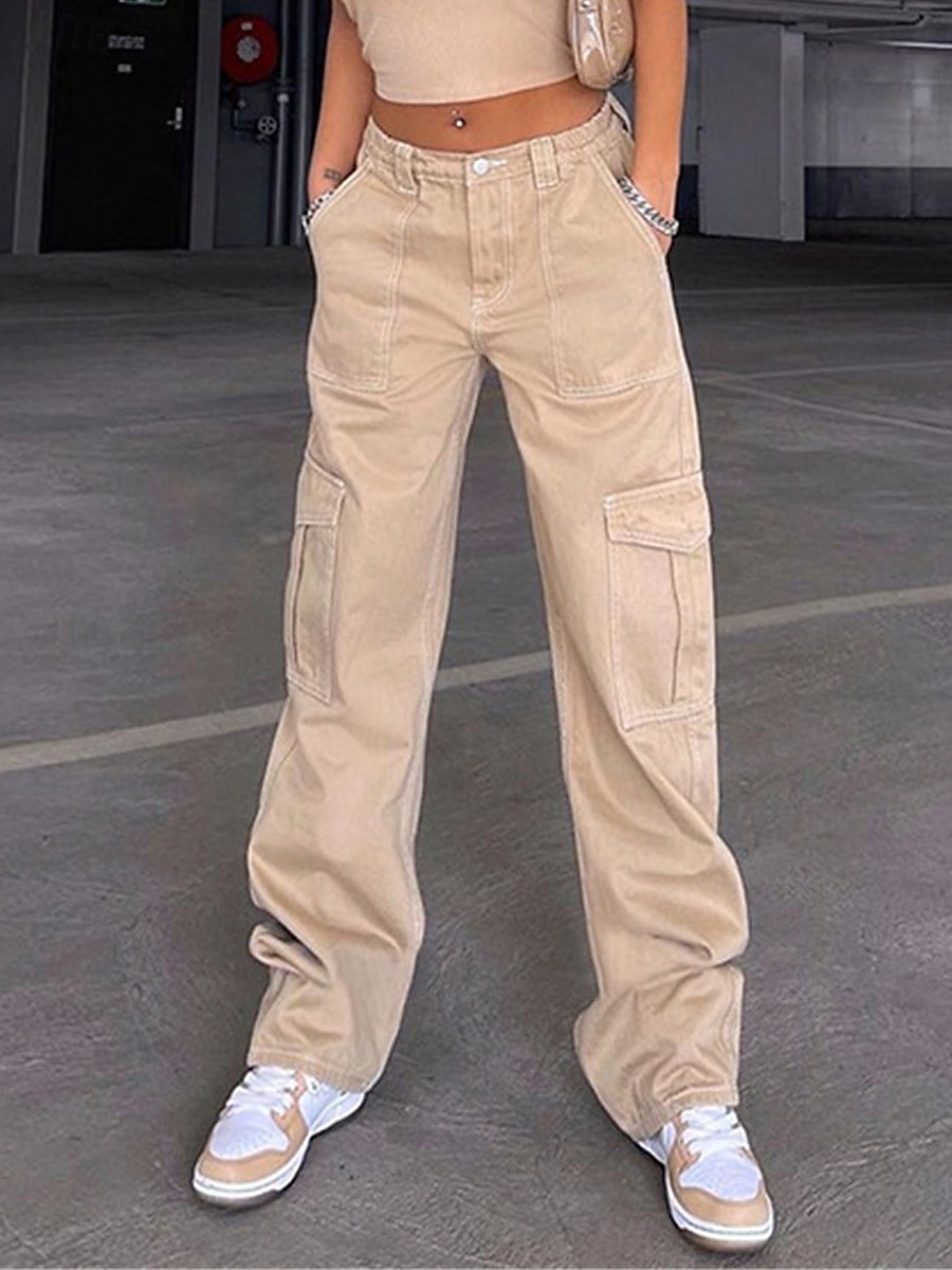 Per donna Pantaloni cargo Di tendenza Streetwear Lunghezza intera Vita alta Liscio Multi tasca comodo Morbido Comodo Media elasticità Esterno Strada Nero Cachi Grigio Primavera & Autunno Standard del 2025 a $24.99 –P2