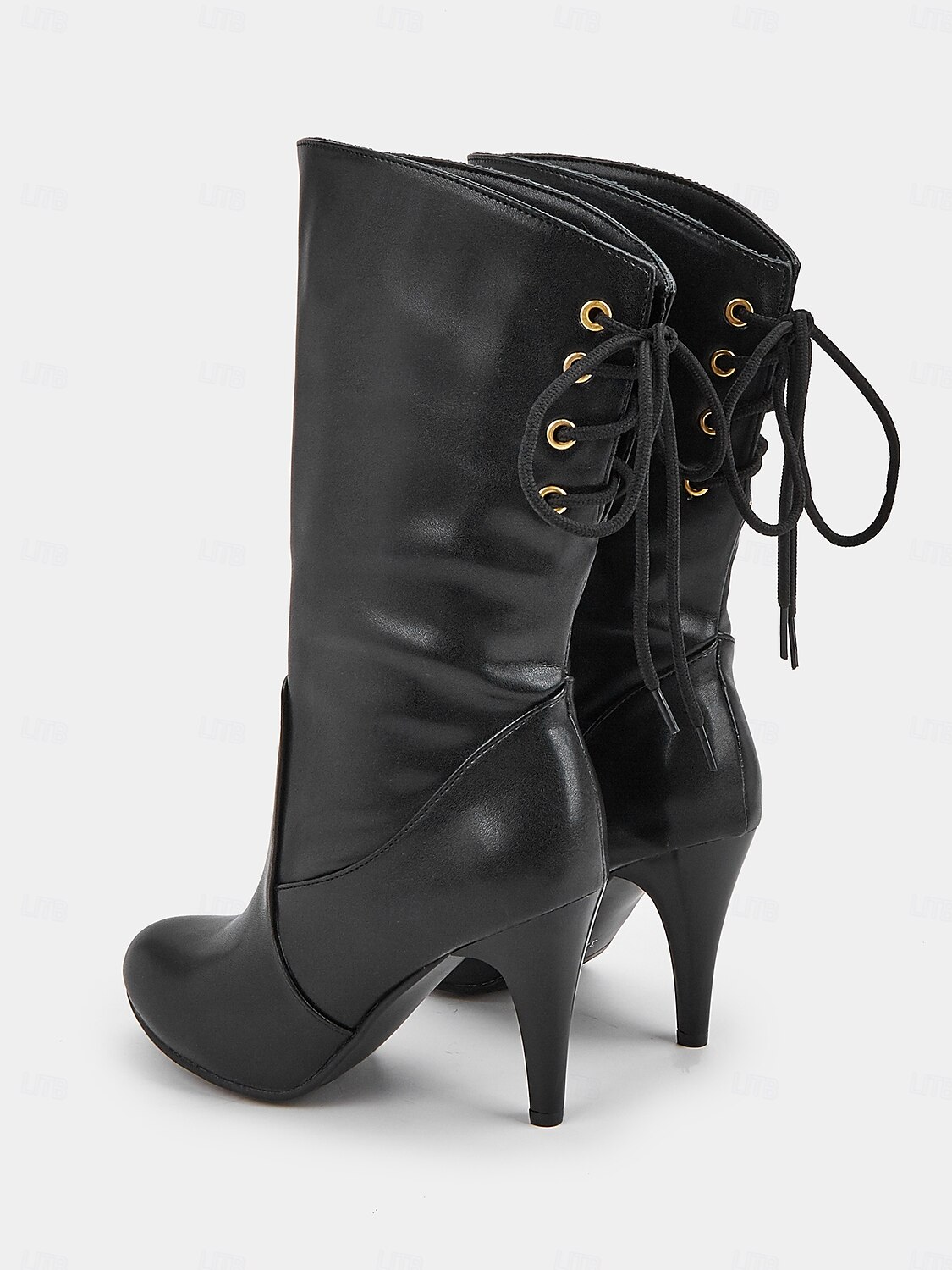 stivali neri con lacci da donna con tacco a metà polpaccio - eleganti stivali a stiletto con punta affilata e dettaglio in pizzo laterale per outfit autunnali e invernali del 2025 a $59.99 –P3