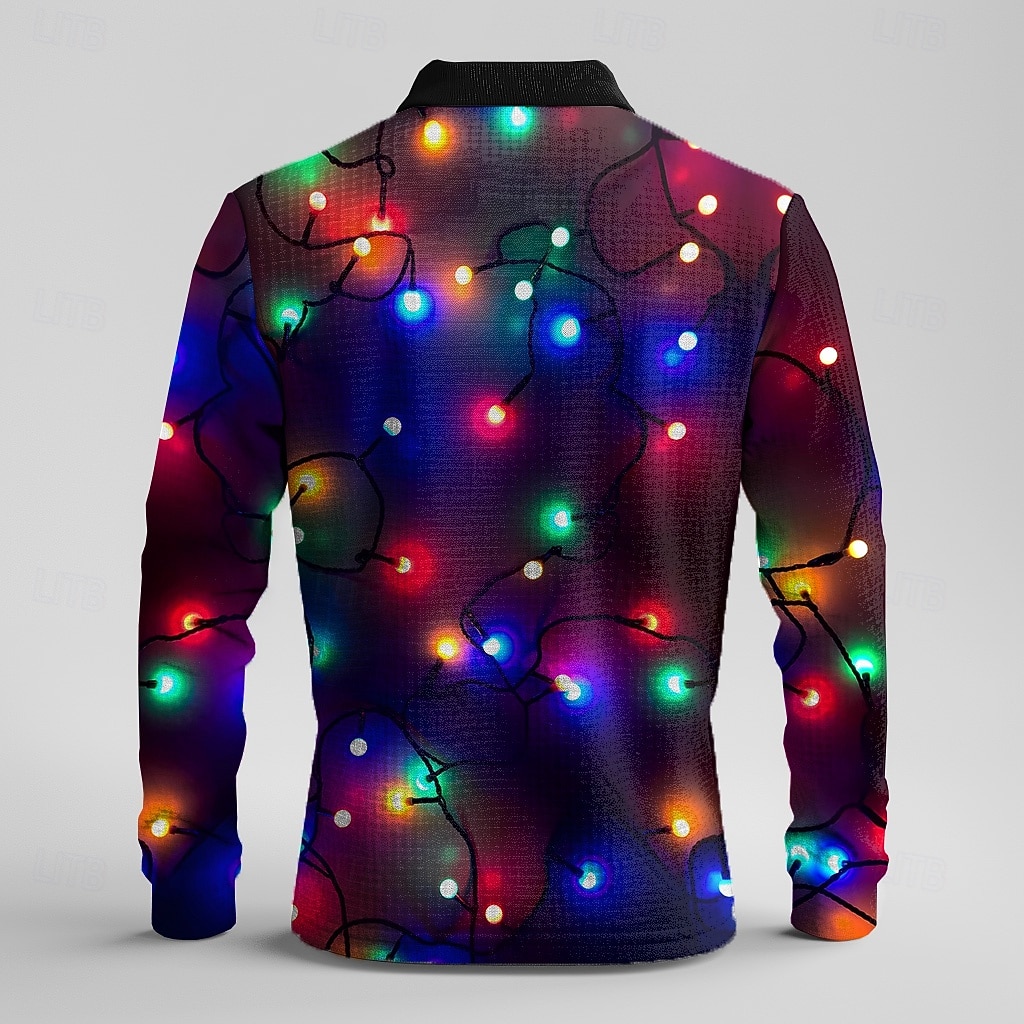 natal masculino natal luz 3d polo lanternas engraçado waffle manga longa festa noite ano novo camisas primavera outono inverno botão 3d impressão colarinho multi cor micro-elástico poliéster de 2025 por $24.99 –P3