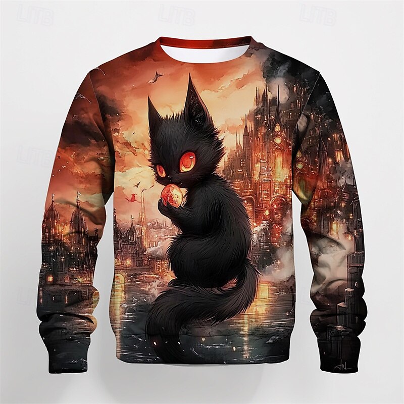 Pojkar 3D Grafisk Tecknat Katt T-shirt Långärmad Vår Höst Mode Grundläggande Barn 4-12 år Rund hals Utomhus Ledigt Dagligen Normal 2025 - $13.99 –P3