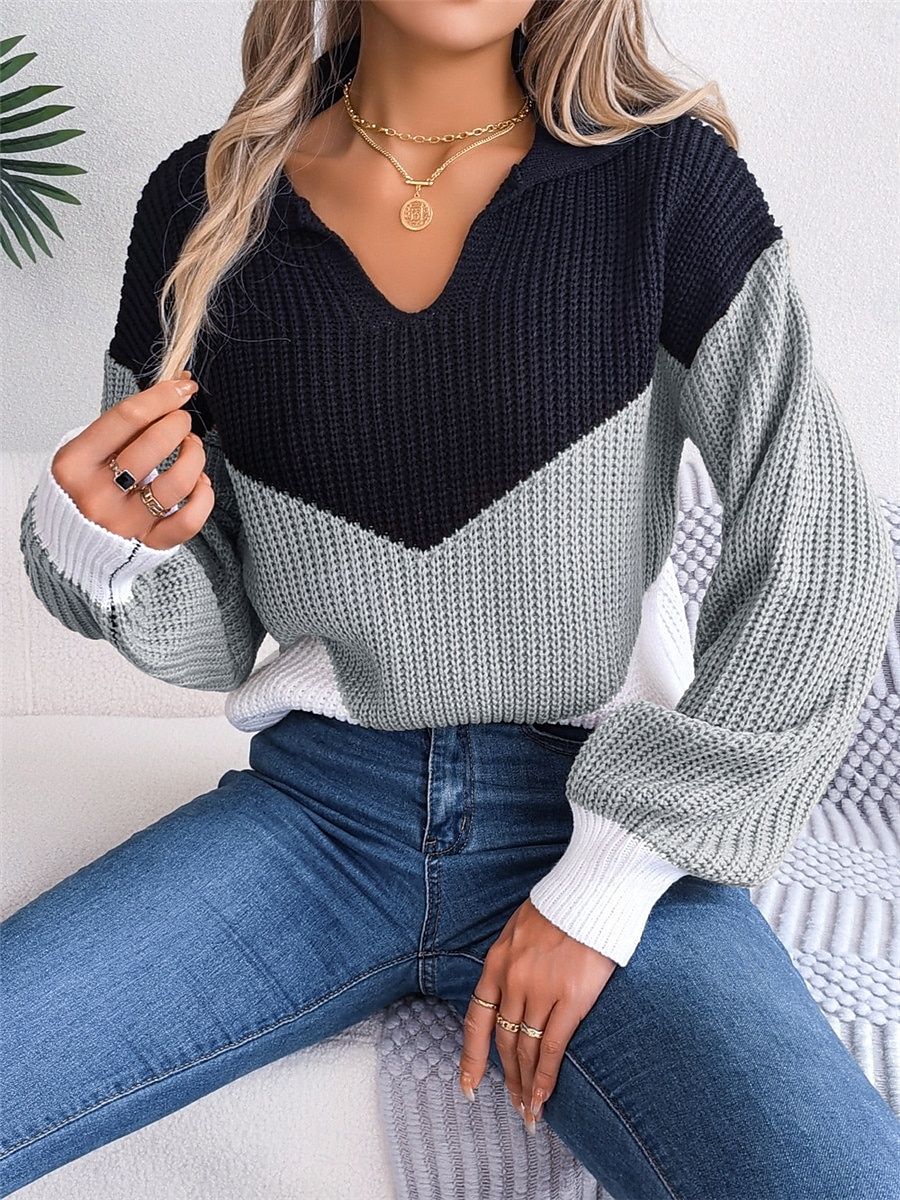 Dame Genser Pullover genser Fritid Myk Fargeblokk Riflet V-hals Strikket Langermet Vanlige topper Strikke utendørs Daglig Helg Blå Kakifarget Høst Vinter 2025 - $29.99 –P2