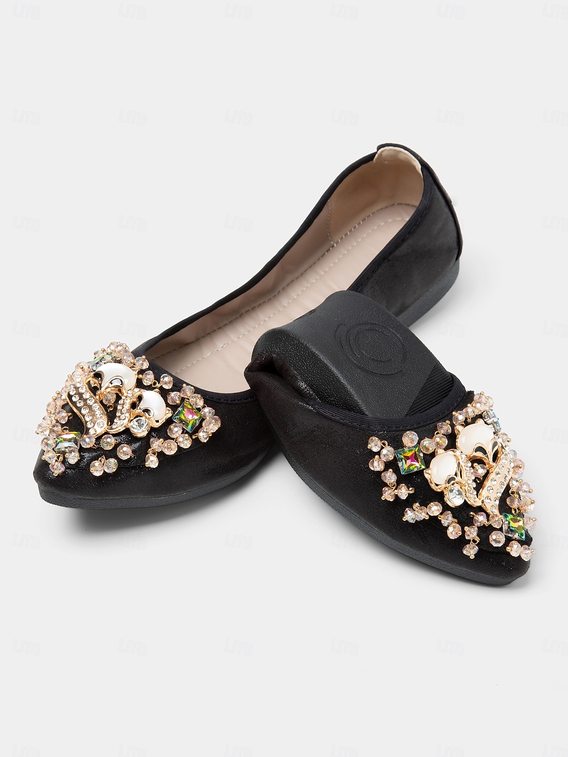 Women's Black Foldable Ballet Flats with Rhinestone & Pearl Embellishments - Compact Travel Shoes for Special Occasions & Everyday Comfort 2025 - $34.99 –P2