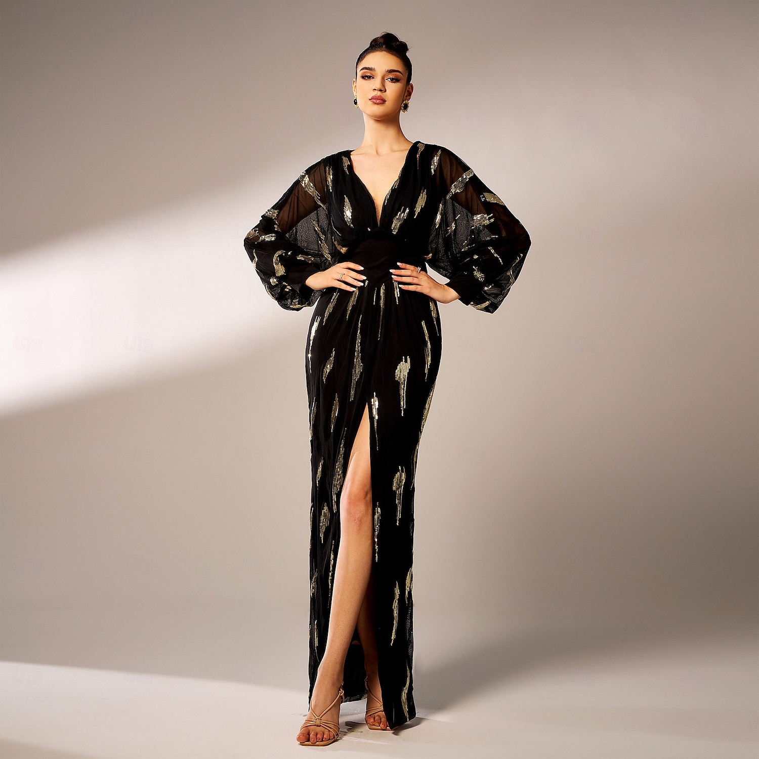 Abito da sera A-Line abito scintillante abito formale lungo fino al pavimento maniche lunghe collo a V con paillettes e glitter abito per ospiti di matrimonio del 2025 a $99.99 –P3