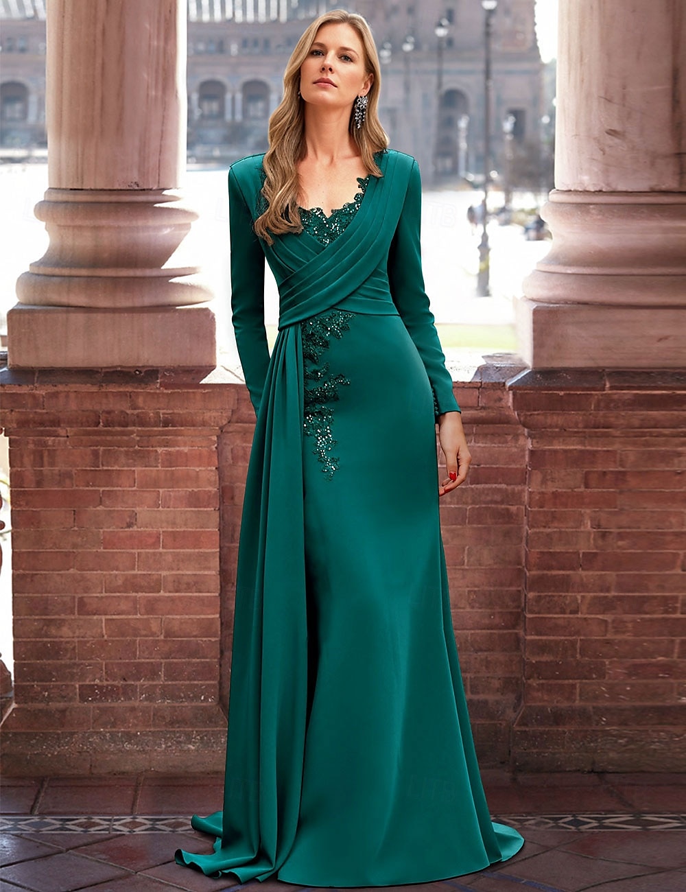 A-Linie Abendkleid Elegantes Kleid Formell Bodenlänge Langarm V-Ausschnitt Tasche Stretch-Crêpe mit Applikationen 2025 - $237.99 –P1