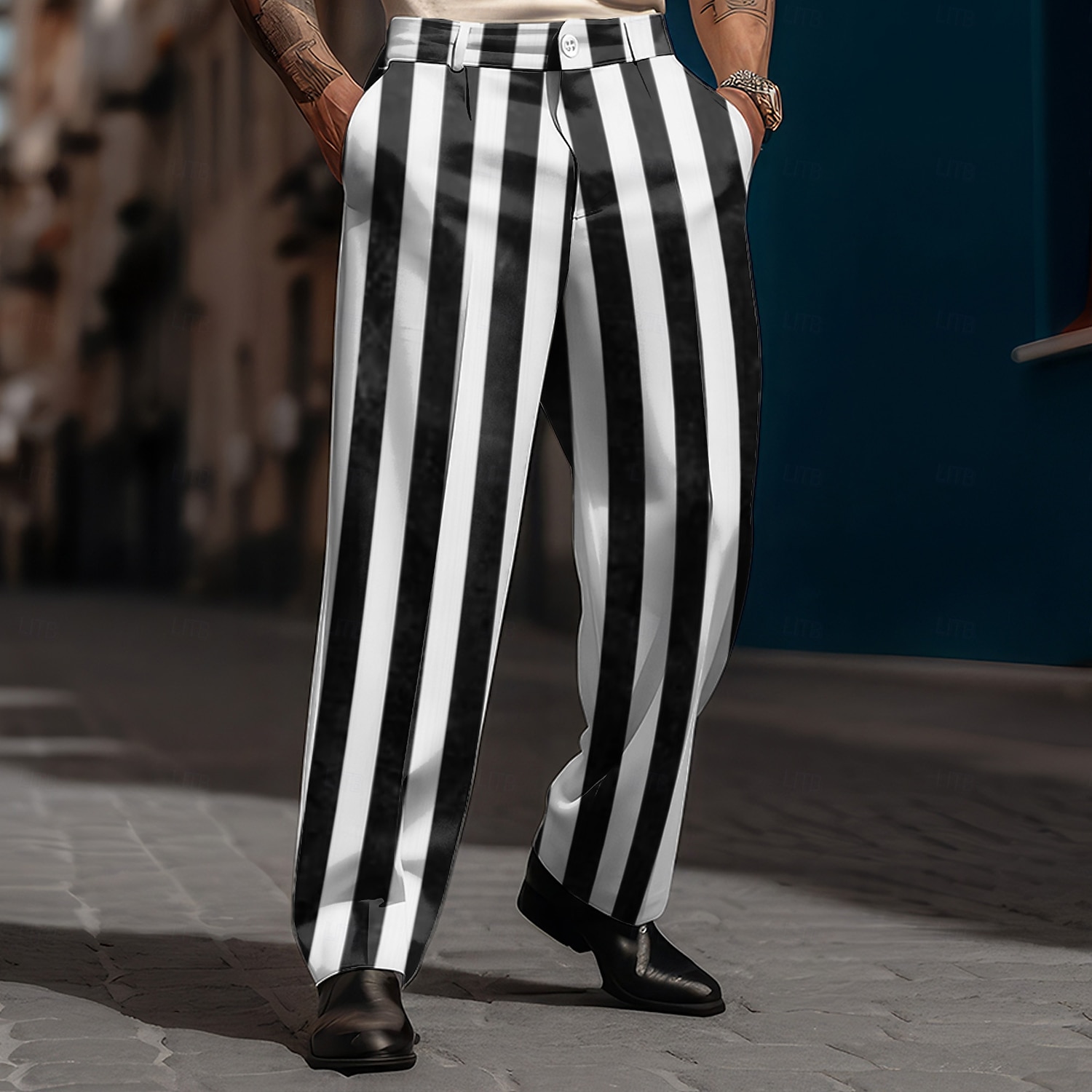 Herr Randig Kostymbyxor Medium Midja Business Casual Formell Vardag Dragkedja Ficka Sommar Vår Höst 3D-tryck Svart 2025 - $35.99 –P1