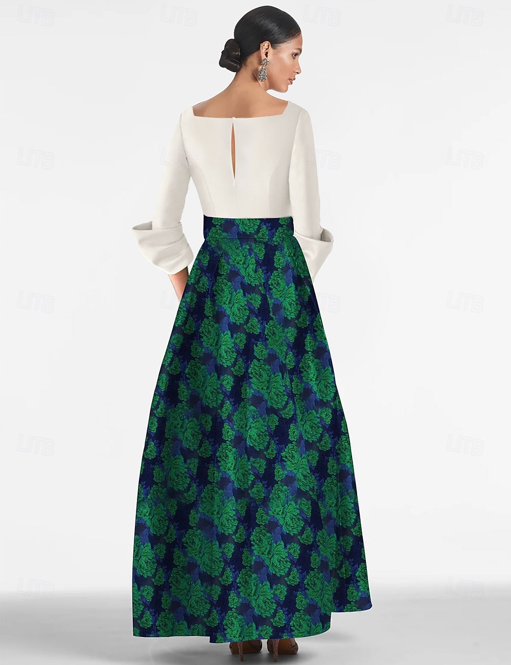 Robe de soirée en A verte brocart floral élégante tenue formelle longueur complète manches 3/4 décolleté en V poche en satin avec imprimé robe invitée de mariage de 2025 ? $178.99 –P2