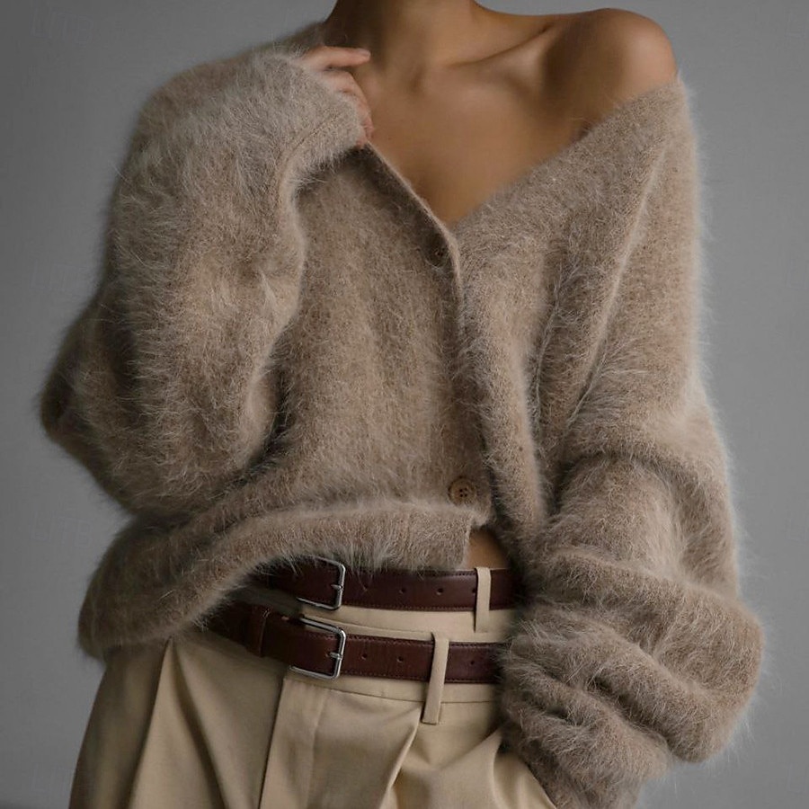 dam oversize cardigan fuzzy v-ringad stickad höst vinter arbete helg elegant mode streetwear långärmad enfärgad rosa ljusgrå 2025 - $52.99 –P8