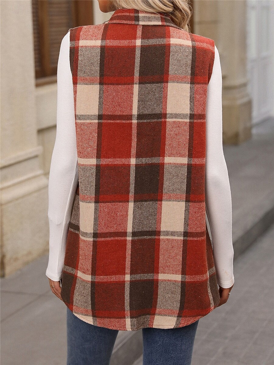 Mulheres Colete Ao ar livre Rua Roupa Diária Outono Inverno Padrão Casaco Normal Térmico / Quente Respirável à moda Casual Casaco Sem Manga Listras e xadrez Com bolsos Imprimir Laranja Verde Cáqui de 2025 por $36.99 -P4