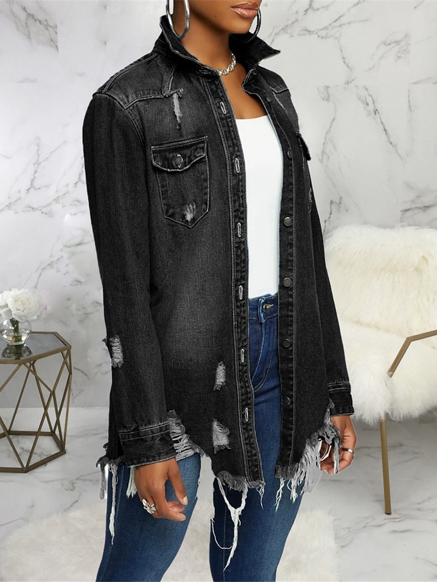 Damen Jeansjacke Outdoor Strasse Freizeitskleidung Herbst Winter Standard Mantel Regular Fit warm Atmungsaktiv Stilvoll Brautkleider schlicht Jacken Langarm Feste Farbe Mit Taschen Hellblau Schwarz 2025 - $62.99 –P8
