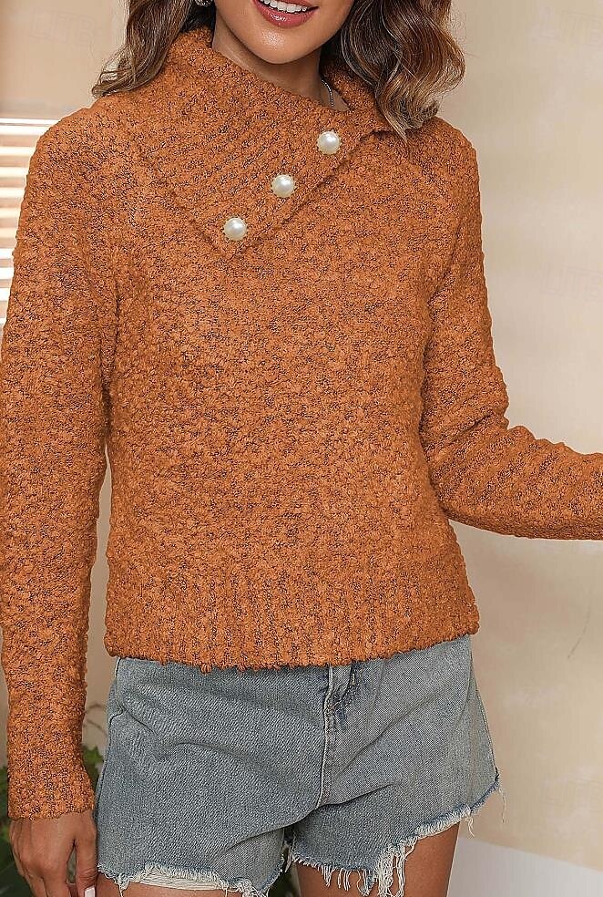 Women's Sweater Casual Soft Pure Color Ribbed Shirt Collar Buttons Knitted Long Sleeve Regular Tops Knit Outdoor Daily Weekend Brown Green Fall Winter 2025 - $52.99 –P4