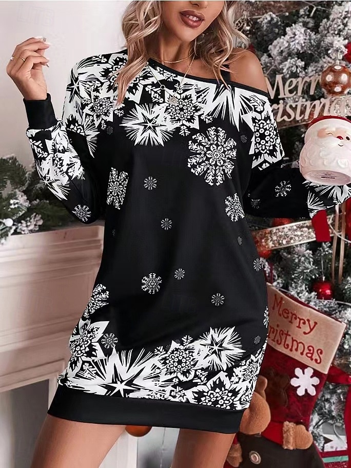 Flocon de Neige Robe Sweat à capuche Femme Noël Nouvel an la veille de Noël Le style mignon Epaules Dénudées Adultes Soirée Noël Robe de 2025 ? $23.99 –P5