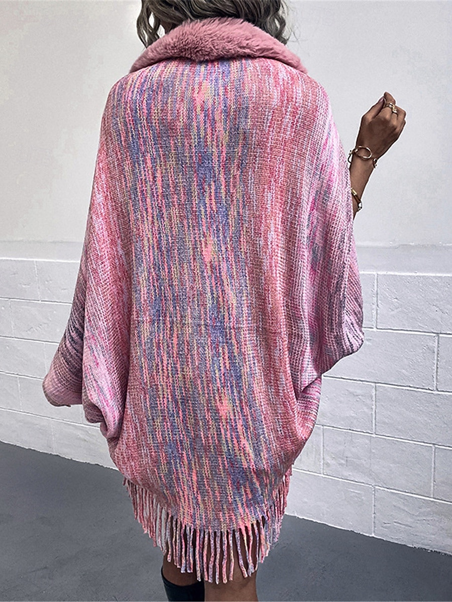 Women's Shrug Casual Soft Rainbow Ribbed Open Front Tassel Knitted Faux Fur Trim Long Sleeve Regular Tops Knit Outdoor Daily Weekend Pink Apricot Fall Winter 2025 - $29.99 –P2