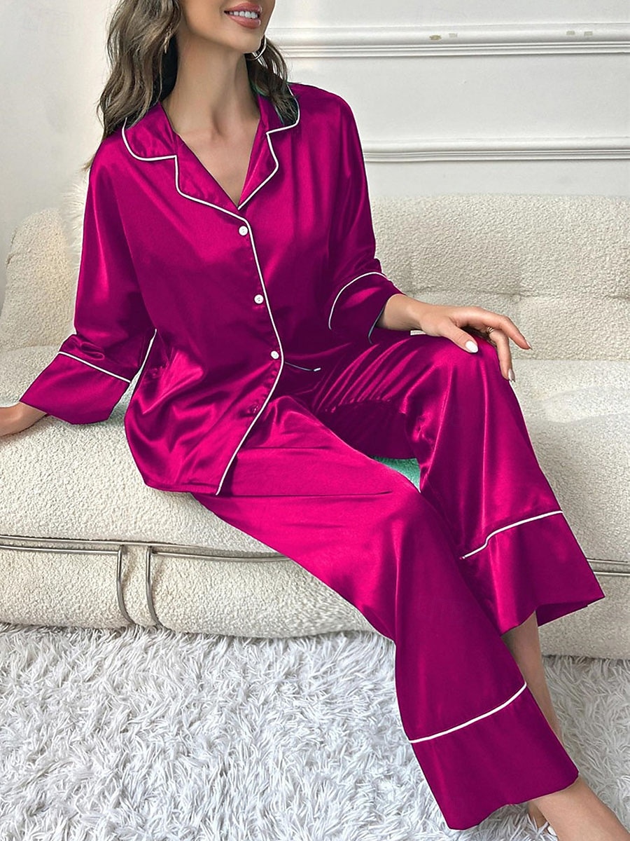 pyjamasset för kvinnor ren färg avslappnad komfort hem dagligen satin siden komfort varm lapel långärmad skjorta byxa knapp upp resår midja höst vinter hem outfits 2025 - $31.99 –P8
