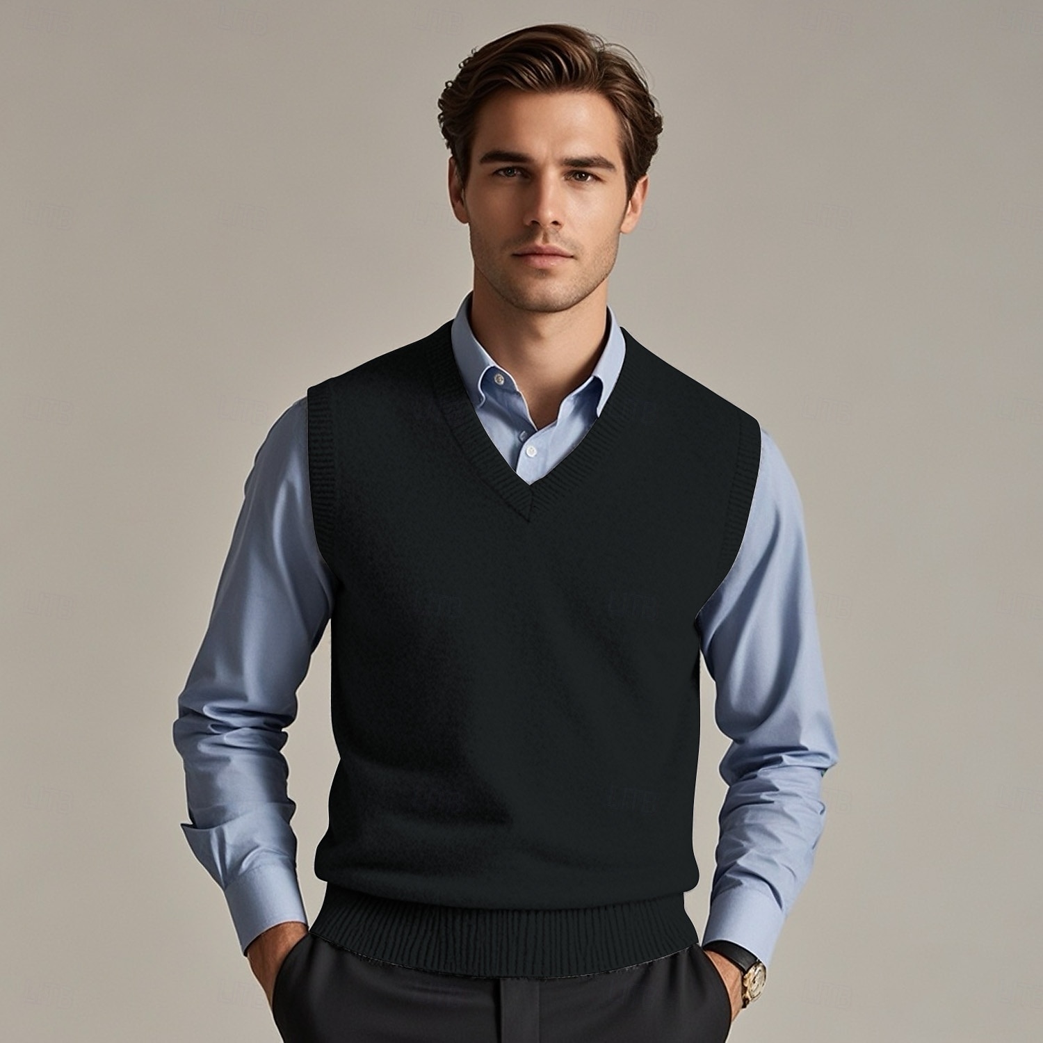 Herr Tröja väst Pullover tröja Klänning tröja Väst Stickad tröja Ribbad Sticka Normal Stickat Slät V-hals Mode Ledigt Dagliga kläder Datum Kläder Höst vinter Svart Mörk marin S M L 2025 - $26.99 –P1