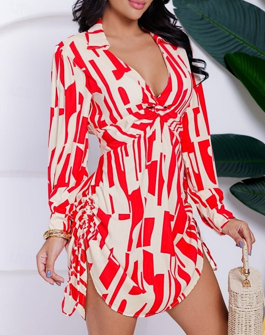 Women's Sheath Dress Geometric Drawstring Asymmetrical Hem V Neck Mini Dress Elegant Daily Long Sleeve Fall 2025 - $35.99 –P3