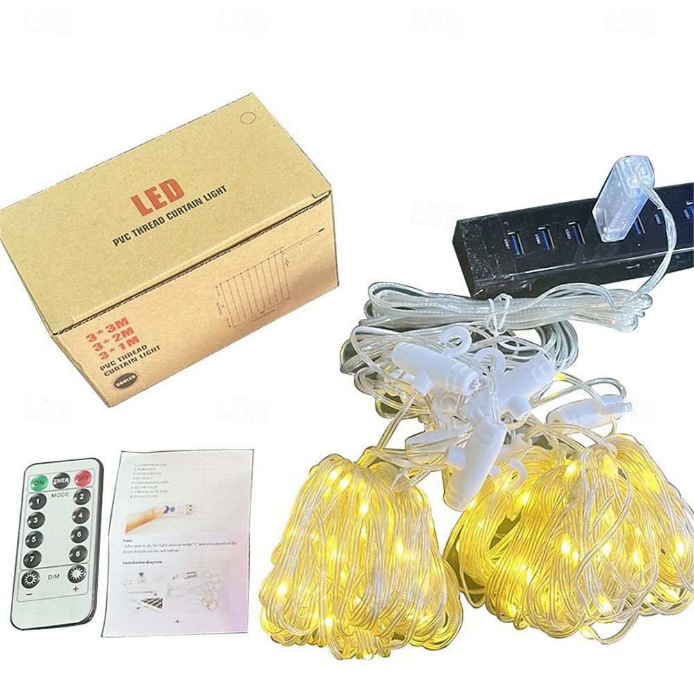 3x3M Ευέλικτα Φωτιστικά Κουρτίνας LED 300 LEDs Φωτιστικά Σχοινιού LED με 13-Κλειδί Τηλεχειριστήριο USB Τροφοδοτούμενα Χαμηλής Τάσης Ζεστό Λευκό  RGB Ασφαλή για Διακόσμηση Δωματίου  Κουρτίνας 2026 - $48.99 –P18