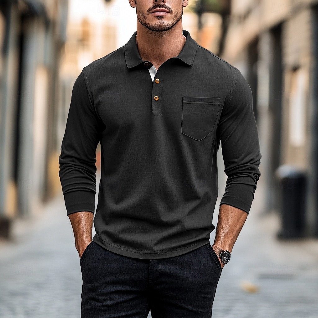100% Cotton Men's Polo Shirt Golf Polo Formal Work Classic Long Sleeve Color Block Button Summer Spring & Fall Army Green Dark Grey Black Burgundy Navy Blue Polo Shirt 2025 - $27.99 –P3