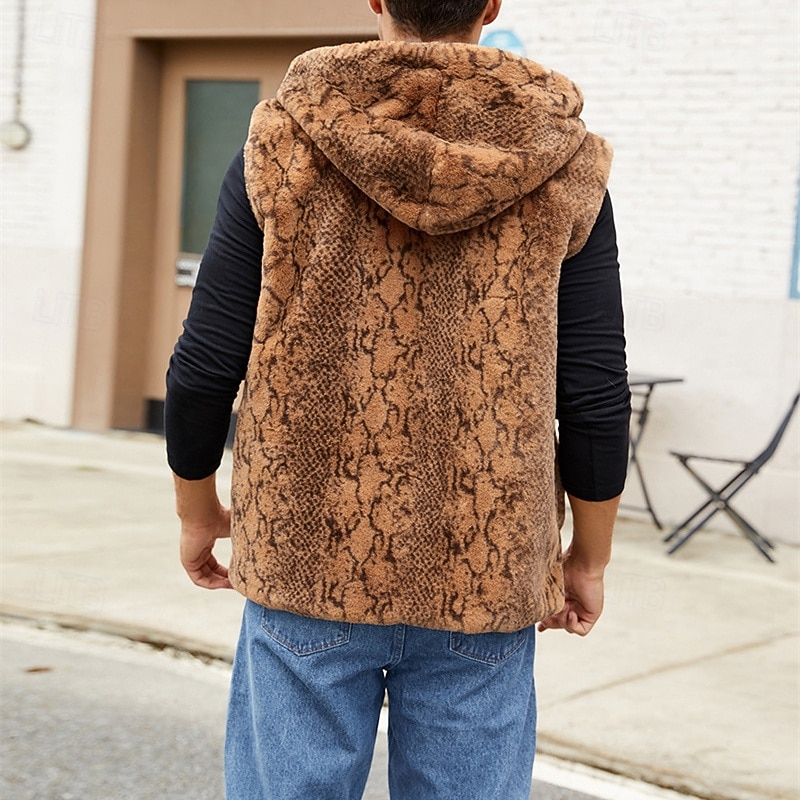 Men's Vest Faux Fur Gilet Daily Date Vacation Fashion Casual Fall & Winter Keep Warm Polyester Comfortable Leopard Print Cardigan Stand Collar Regular Fit White Yellow Brown Vest 2026 - $41.99 –P16