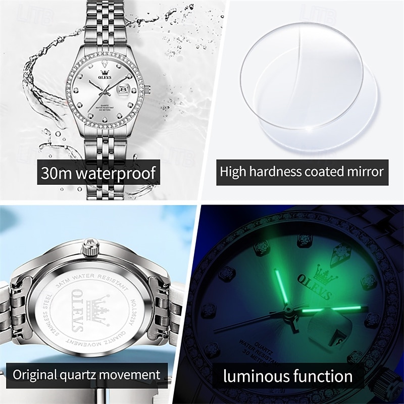 New Olevs Olevs Brand Mother's Day Gift for Women'S Trend Fashion Steel Belt Watch Calendar Luminous With Diamonds Simple Leisure Quartz Watch Waterproof Sports Versatile Wristwatch 2026 - $32.99 –P11