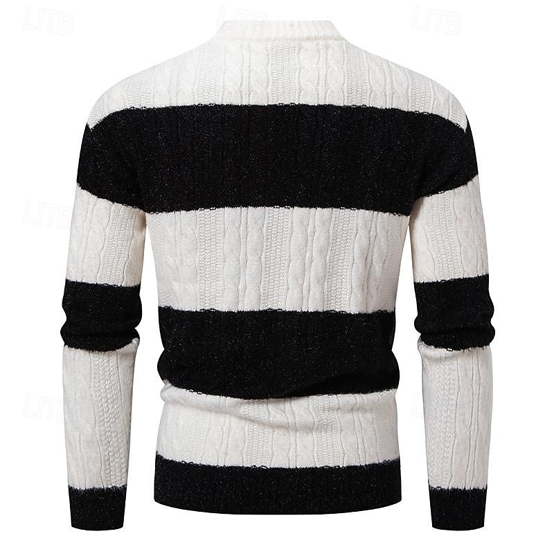 Men's Sweater Cable Chunky Knit Stripe Cable Stripe Crew Neck Christmas Elegant Formal Home Clothing Apparel Bishop Sleeve Fall Winter Black Brown M L XL 2025 - $35.99 –P6