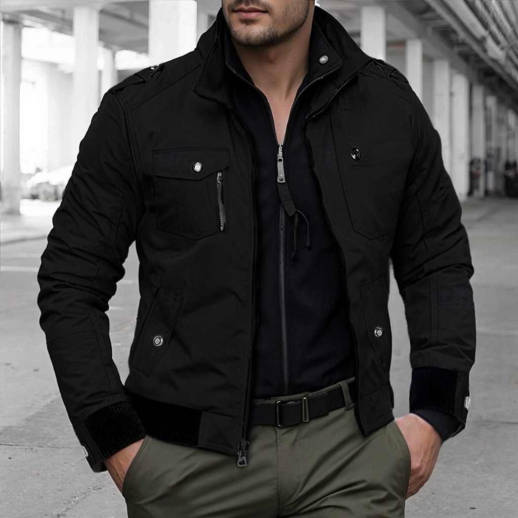 Men's Trucker Jacket Bomber Jacket Casual Jacket Work Jacket Outdoor Daily Wear Wearable Pocket Spring &  Fall Plain Fashion Streetwear Standing Collar Short Black Burgundy Navy Blue Khaki Army Green 2026 - $42.99 –P8
