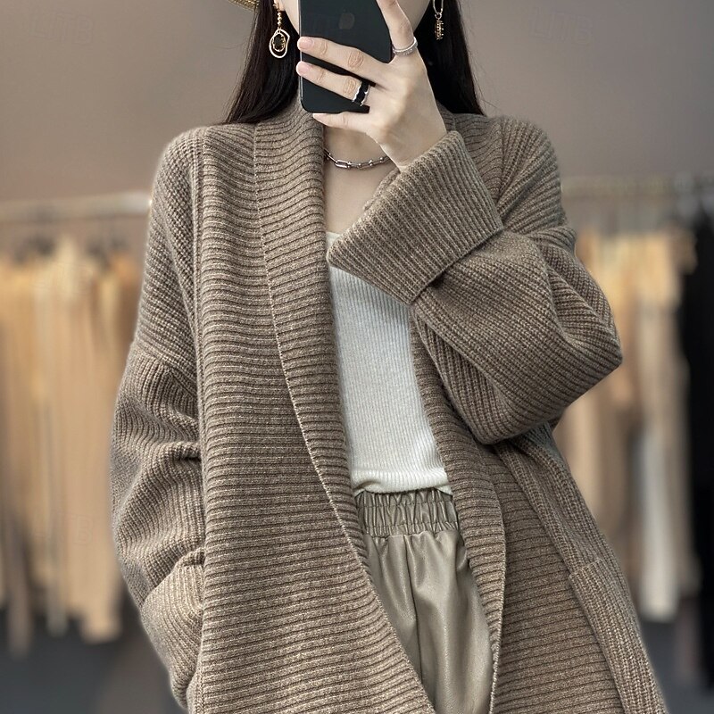 2025年 女性用 カーディガン 日常 純色 オープンフロント ニット 長袖 ロングトップス ニット ワーク キャメル ダックグレー 秋 冬  コレクション – $39.99 –P2