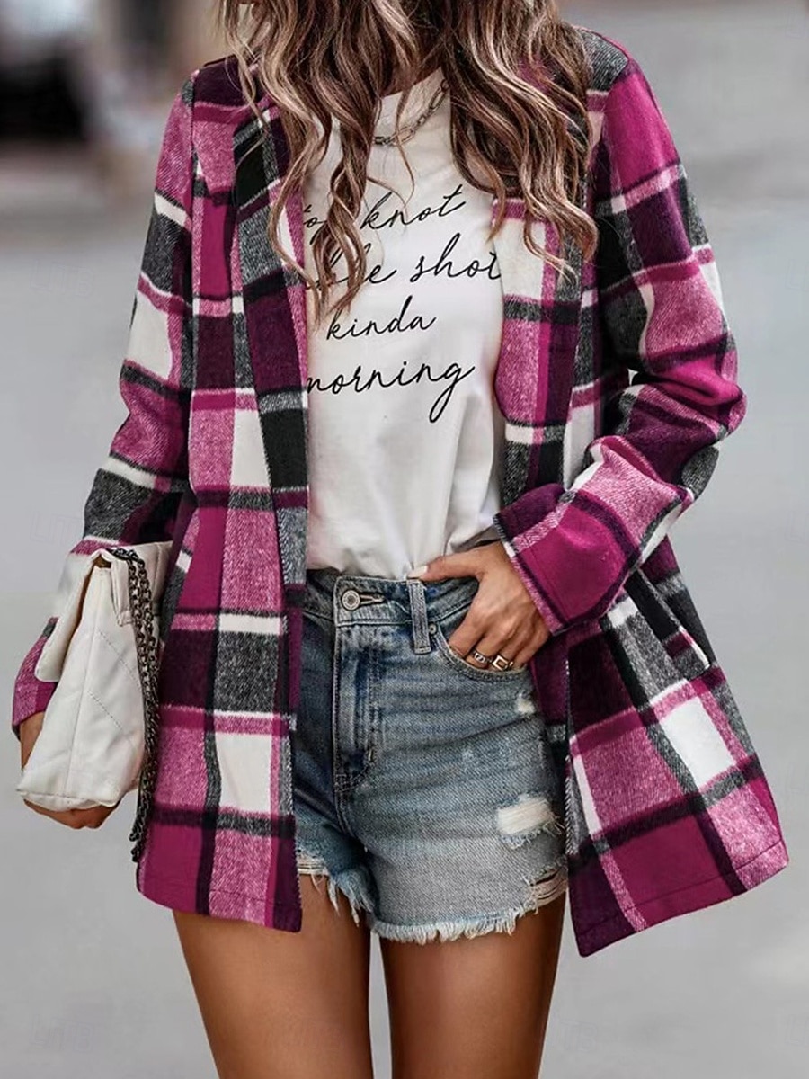 Dam Vardaglig jacka Utomhus Gata Dagliga kläder Höst Vinter Normal Täcka Normal Håller värmen Andningsfunktion Stylish Ledigt Jacka Långärmad Ränder och pläd Med fickor Mönster Rubinrött Fuchsia 2025 - $41.99 –P5