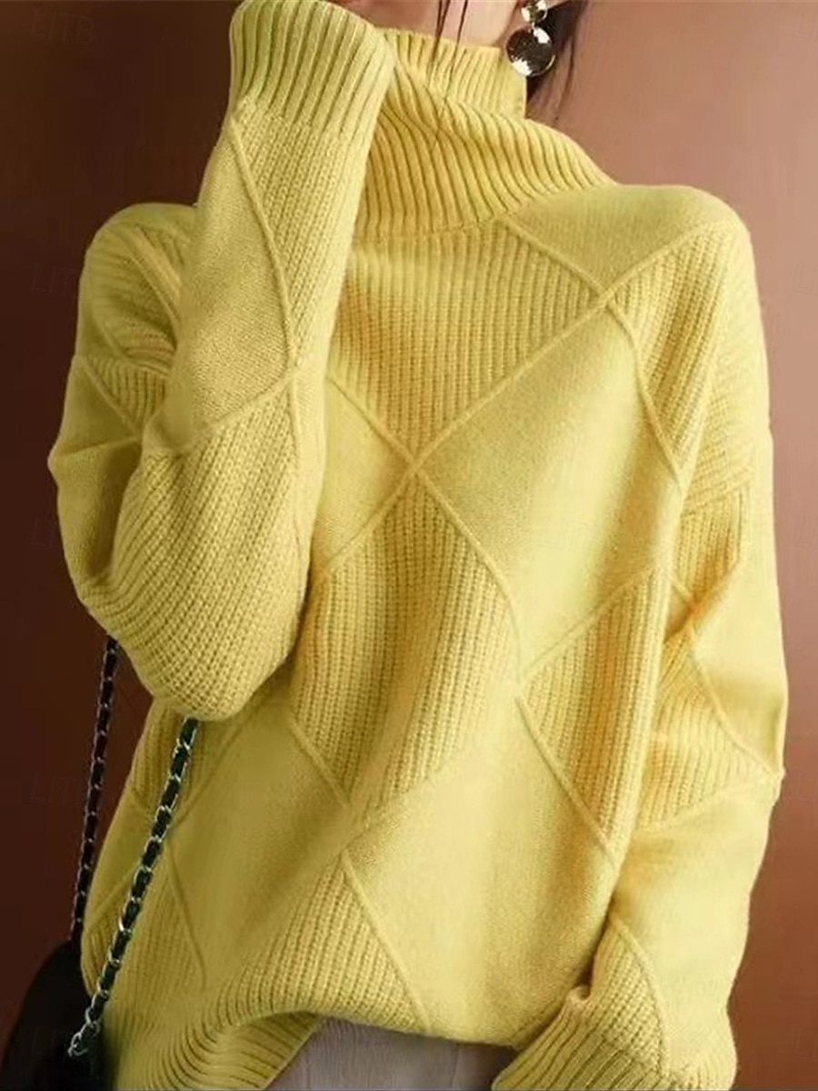 Mulheres Suéter Pulôver suéter Casual Macia Cor imaculada Estriado Gola Alta Tricotado Manga Longa Tops regulares Tricotar Ao ar livre Diário Final de semana Preto Amarelo Outono Inverno de 2025 por $38.99 –P4