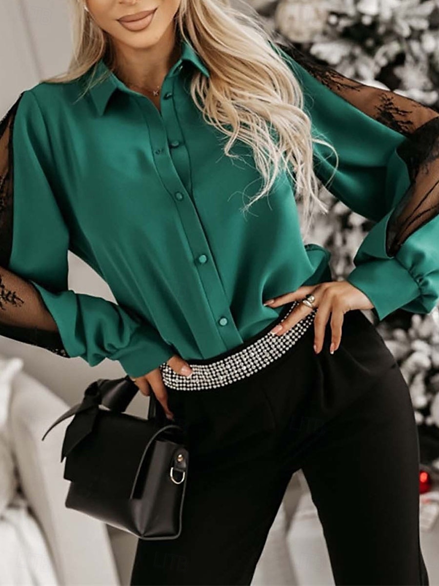 Damen Hemd Bluse Feste Farbe Basic Brautkleider schlicht Langarm Hemdkragen Normale Oberteile Täglich Spitze Gitter Patchwork Schwarz Weiß Grün Herbst Winter 2025 - $32.99 –P1
