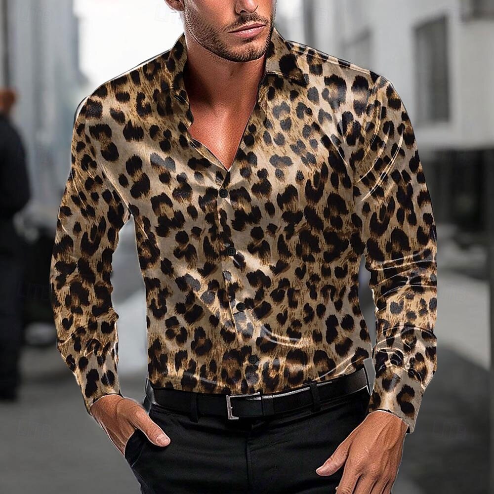 Per uomo Leopardato Maglietta informale Camicia con bottoni Manica lunga Moda Casual Feste Informale Primavera Autunno Inverno Colletto alla coreana Giallo scuro del 2025 a $31.99 –P2
