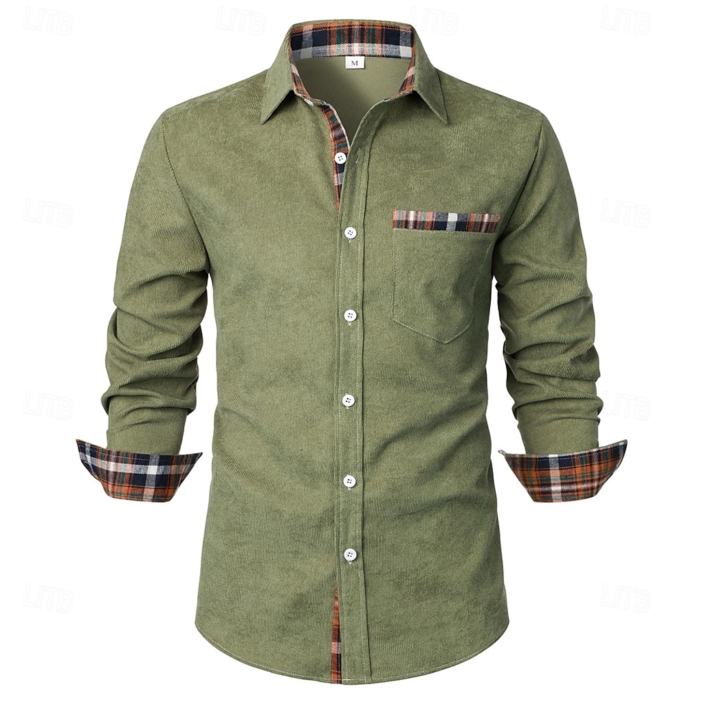 Men's Dress Shirt Corduroy Shirt Plaid Outdoor Work Black Navy Blue Brown Khaki Long Sleeve Turndown Spring & Fall Clothing Apparel Patchwork 2025 - $25.99 –P2