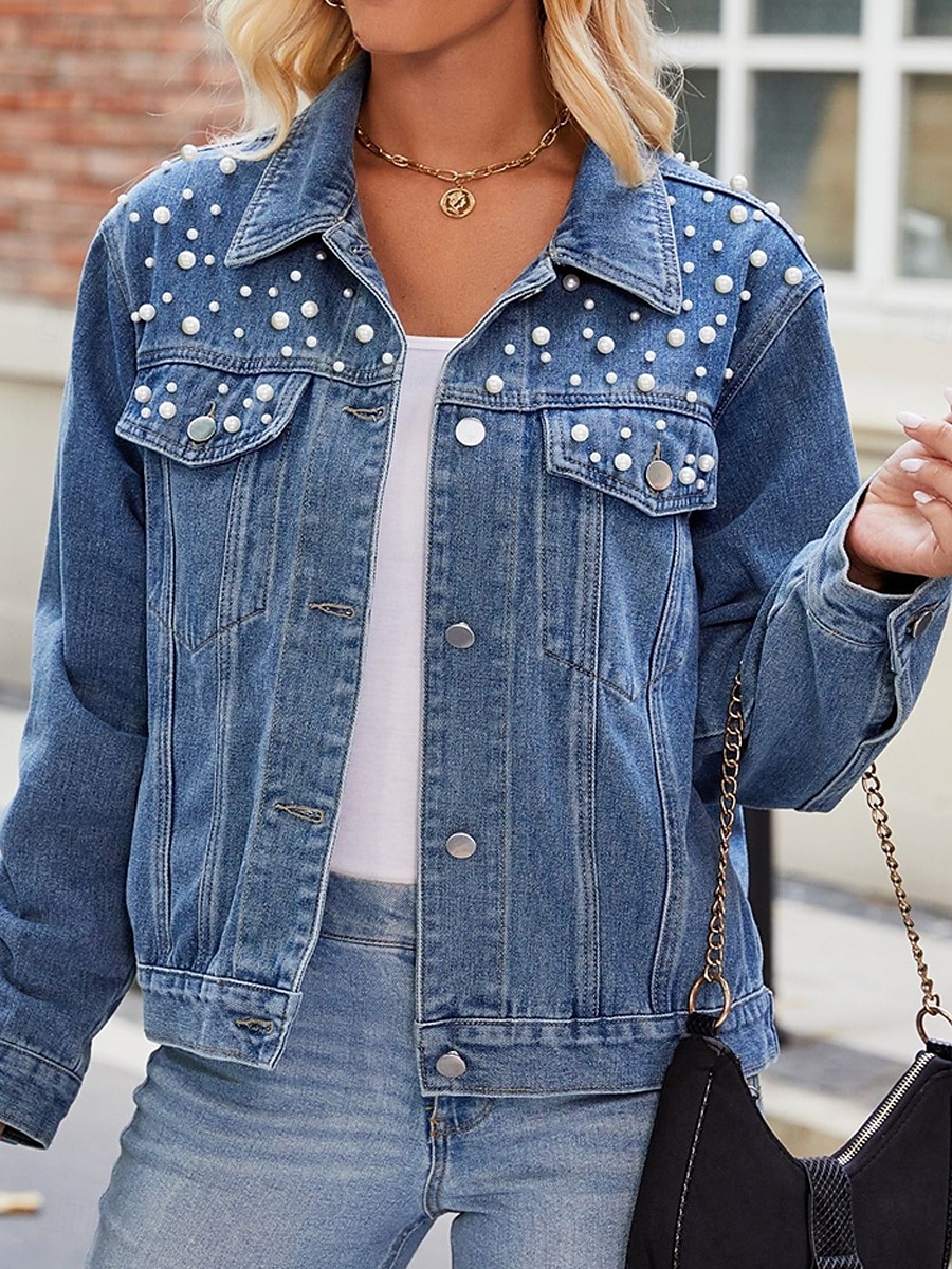 Dam Jeansjacka Utomhus Gata Dagliga kläder Höst Vinter Kort Täcka Normal Håller värmen Andningsfunktion Stylish Ledigt Jacka Långärmad Ensfärgat Med fickor Pärlor Svart Blå 2025 - $62.99 –P7