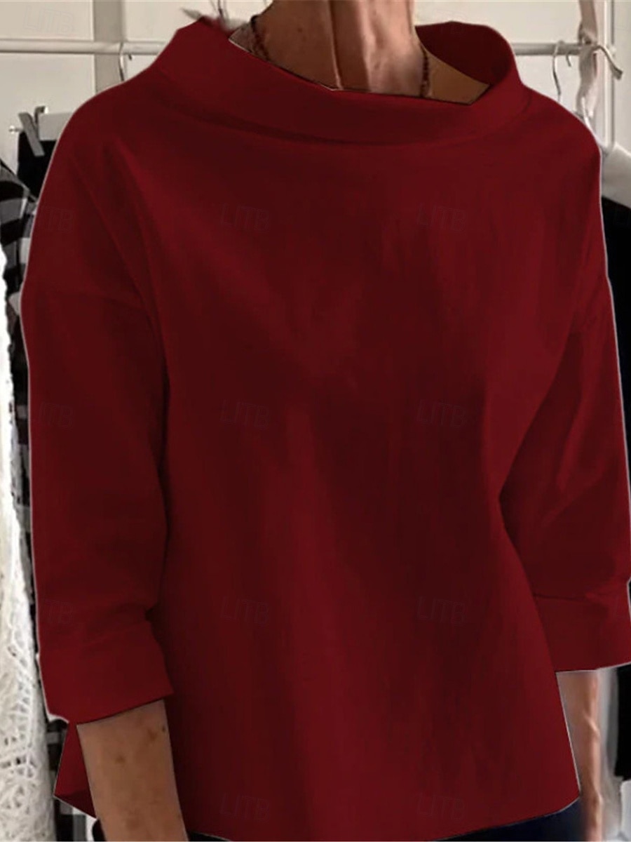Per donna Camicia Camicie ispirate al lino Blusa Tinta unica Essenziale Casual Manica 3/4 Dolcevita Top Regolari Quotidiano Vino Cammello Cachi Autunno del 2025 a $25.99 –P2