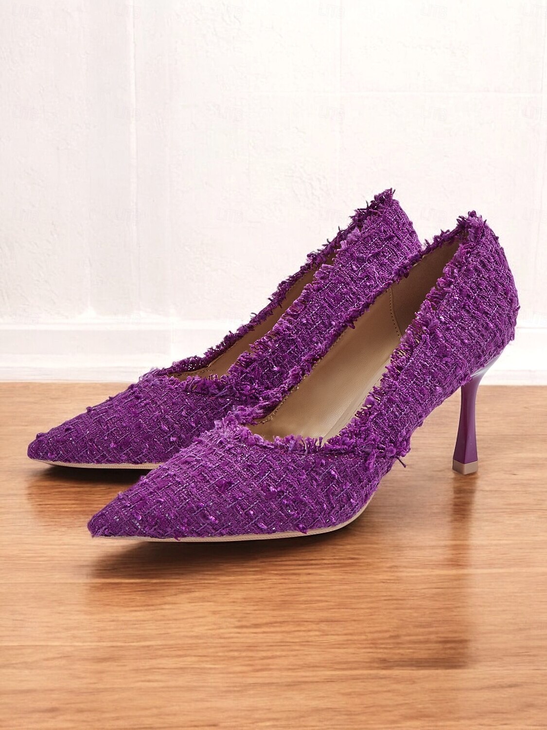tocuri de damă din tweed mov cu vârf ascuțit – pantofi eleganti texturați cu margini uzate pentru ținute șic și ocazii speciale 2025 - $42.99 -P3