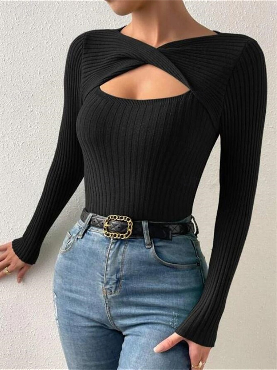 Damen T Shirt Glatt Modisch Modern Brautkleider schlicht Langarm V Ausschnitt Normale Oberteile Täglich Wochenende Öse Schwarz Weiß Beige Grau Herbst Winter 2025 - $29.99 –P5