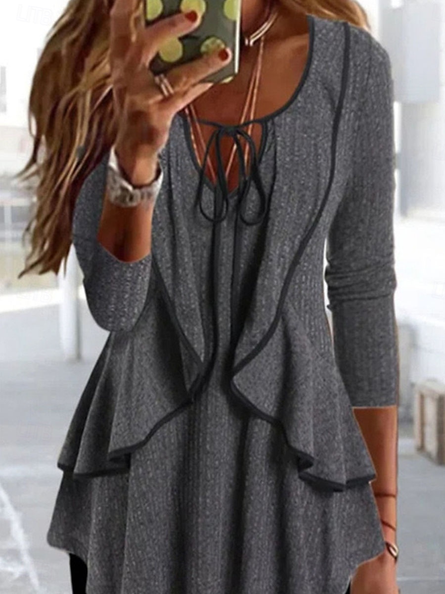 Per donna Camicia Blusa Tinta unica Essenziale Informale Manica lunga A V Top regolari Giornaliero Con balze Blu Verde Grigio Autunno Inverno del 2025 a $29.99 -P1