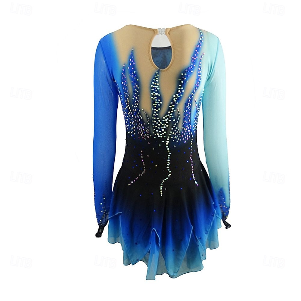 Eiskunstlaufkleid Damen Mädchen Eislaufen Kleid Blau Patchwork Daumenloch Netzstoff Hohe Elastizität Training Wettbewerb Eiskunstlaufkleidung Klassisch Kristall / Strass Langarm Eislaufen 2025 - $195.99 –P2