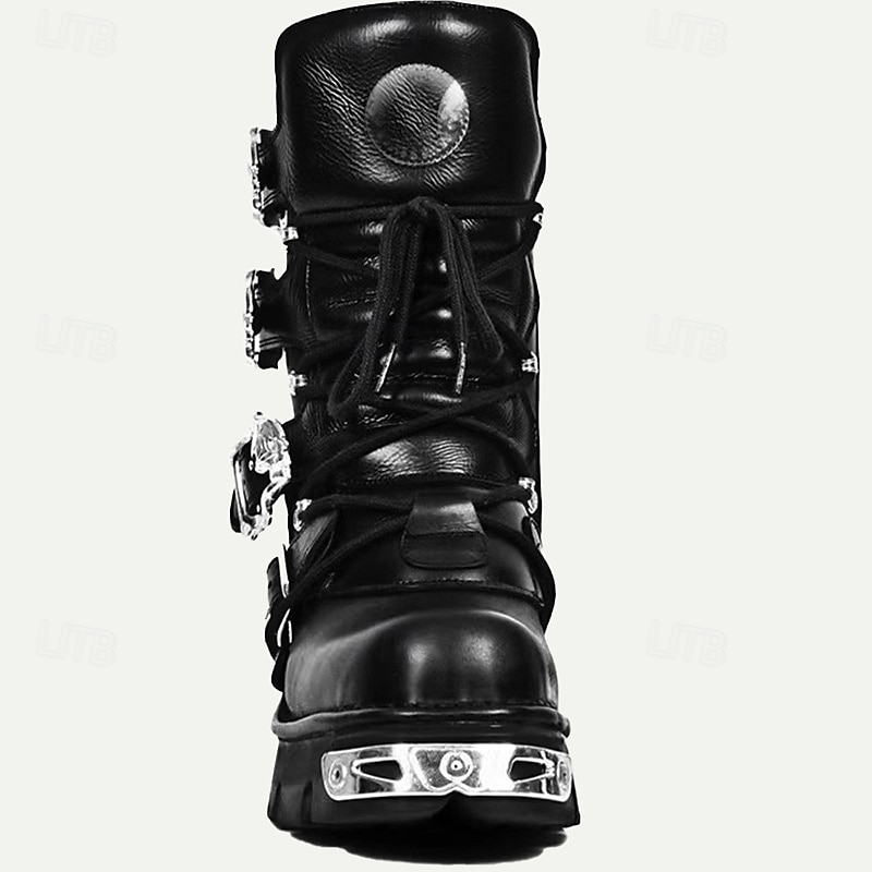 Men's Black Gothic Steampunk Combat Boots with Skull Buckle Accents - Premium Cowhide Leather for Cosplay and Biker Style 2026 - $179.99 –P2