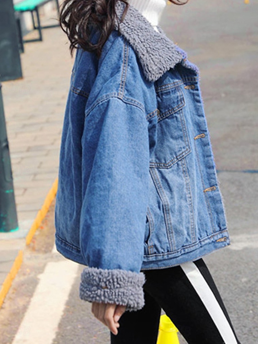 Damen Teddy-Mantel Hoodie Jacke Jeansjacke warm halten Atmungsaktiv Tasche Innenfutter aus Fleece Brautkleider schlicht Glatt Urlaub Strasse Freizeitskleidung Ausgehen Einreihiger Verschluss Standard 2025 - $41.99 –P2