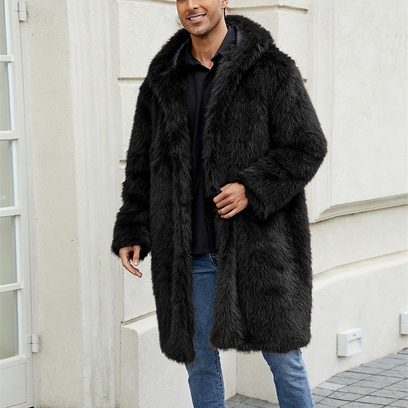 Herr Vinterjacka Fleece-jacka Fuskpälskappa Dagligen Semester Håller värmen Håller värmen Fleece Höst vinter Leopardtryck Mode Streetwear Huva Lång Svart Vit Gul Jacka 2026 - $68.99 –P7