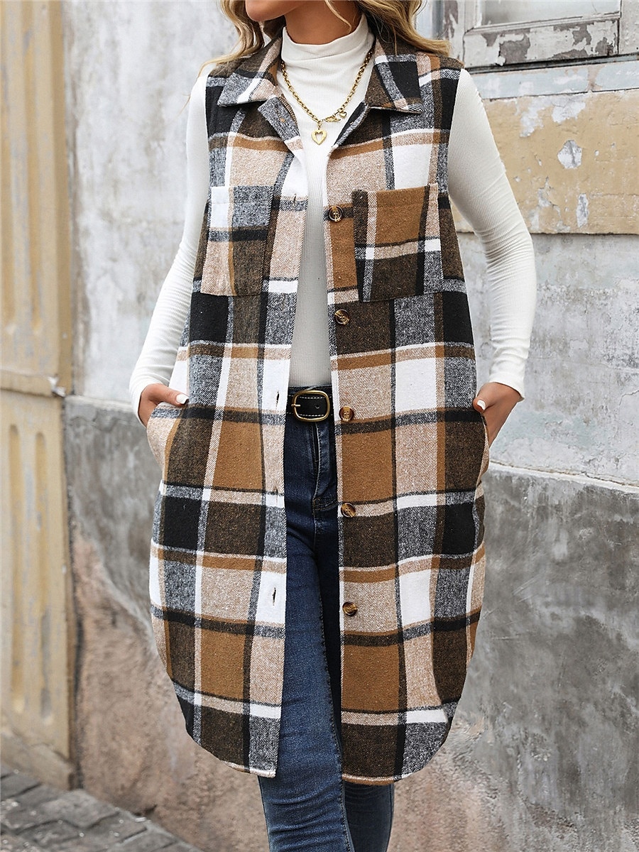 Mulheres Colete Ao ar livre Rua Roupa Diária Outono Inverno Longo Casaco Normal Térmico / Quente Respirável à moda Casual Casaco Sem Manga Listras e xadrez Com bolsos Imprimir Laranja Verde Cáqui de 2025 por GBP £32 –P1