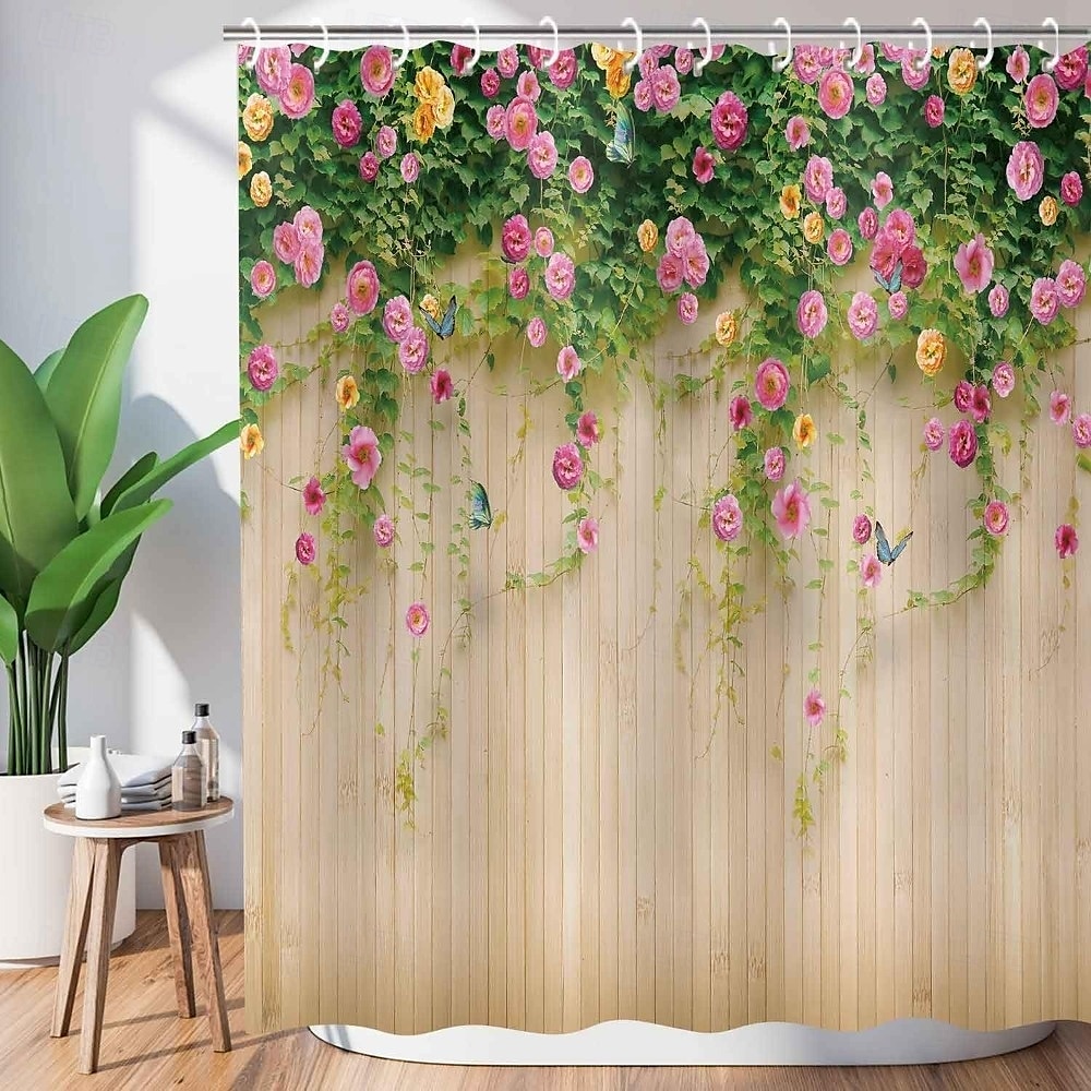 Dusjforheng med kroker 180cm*180cm (70"*70") Polyester Vaskbart Vanntett Blomster Sommerfugl Mønster Bad Dekor 2025 - $22.99 –P1