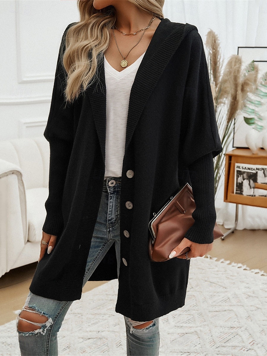 Per donna Felpa Cardigan Informale Morbido Colore puro A coste Con cappuccio Bottoni Tasche Lavorato a maglia Manica lunga Maglie lunghe Maglia Esterno Giornaliero Fine settimana Nero Fucsia Autunno del 2025 a $78.99 –P12