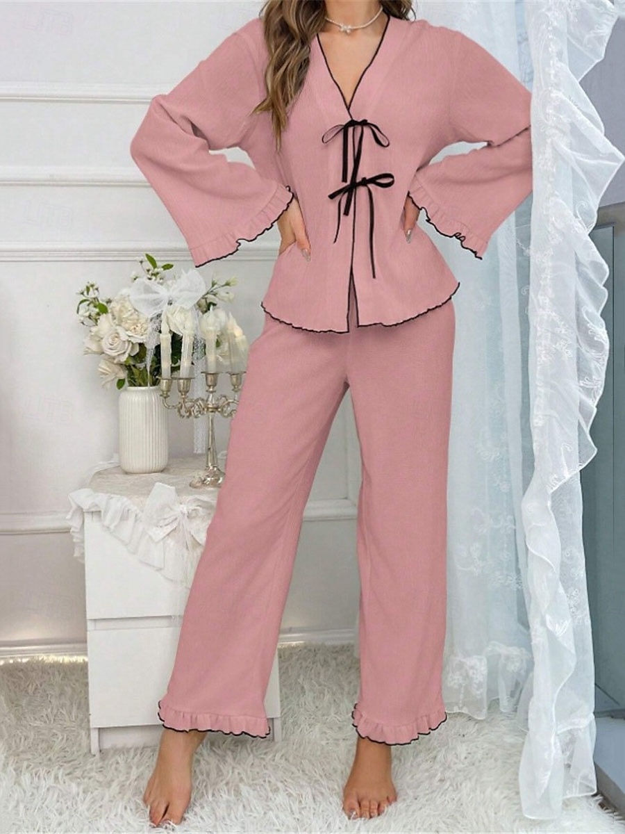 Conjunto de pijama feminino cor pura conforto casual casa conforto diário quente decote em v manga comprida camisa calça cintura elástica outono inverno roupas para casa de 2025 por $32.99 -P11