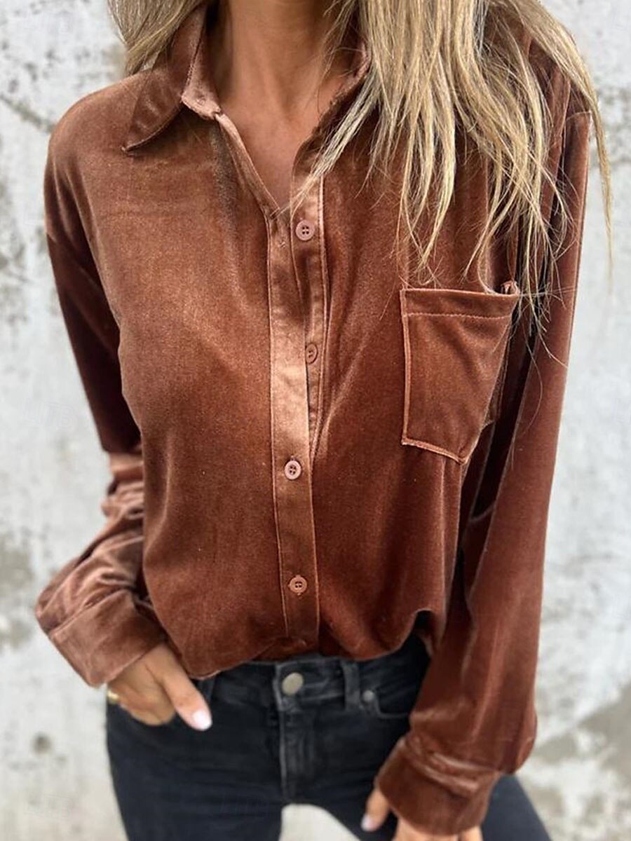 Dames Overhemd Blouse Effen Kleur Basic Casual Lange mouw Overhemdkraag Normale tops Dagelijks Knop Fuchsia Bruin Groen Herfst Winter 2025 - $32.99 –P1