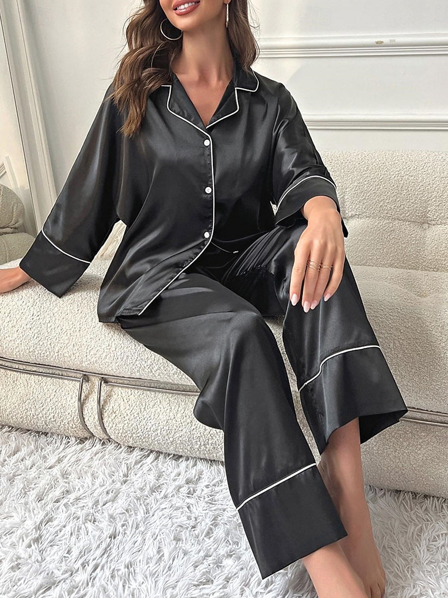 pyjamasset för kvinnor ren färg avslappnad komfort hem dagligen satin siden komfort varm lapel långärmad skjorta byxa knapp upp resår midja höst vinter hem outfits 2025 - $31.99 –P3