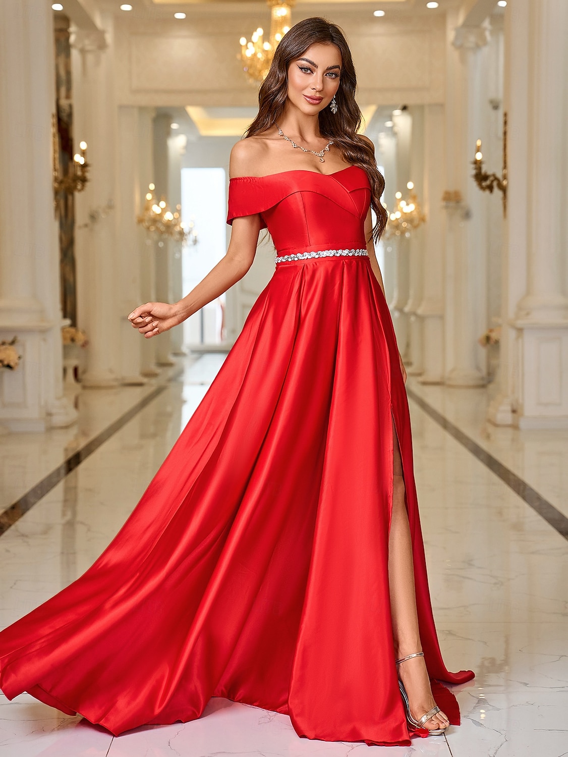Abito da sera A-Line elegante abito formale strascico  spazzola copertura maniche lunghe off-shoulder tasca satin con strass del 2025 a $118.99 –P3