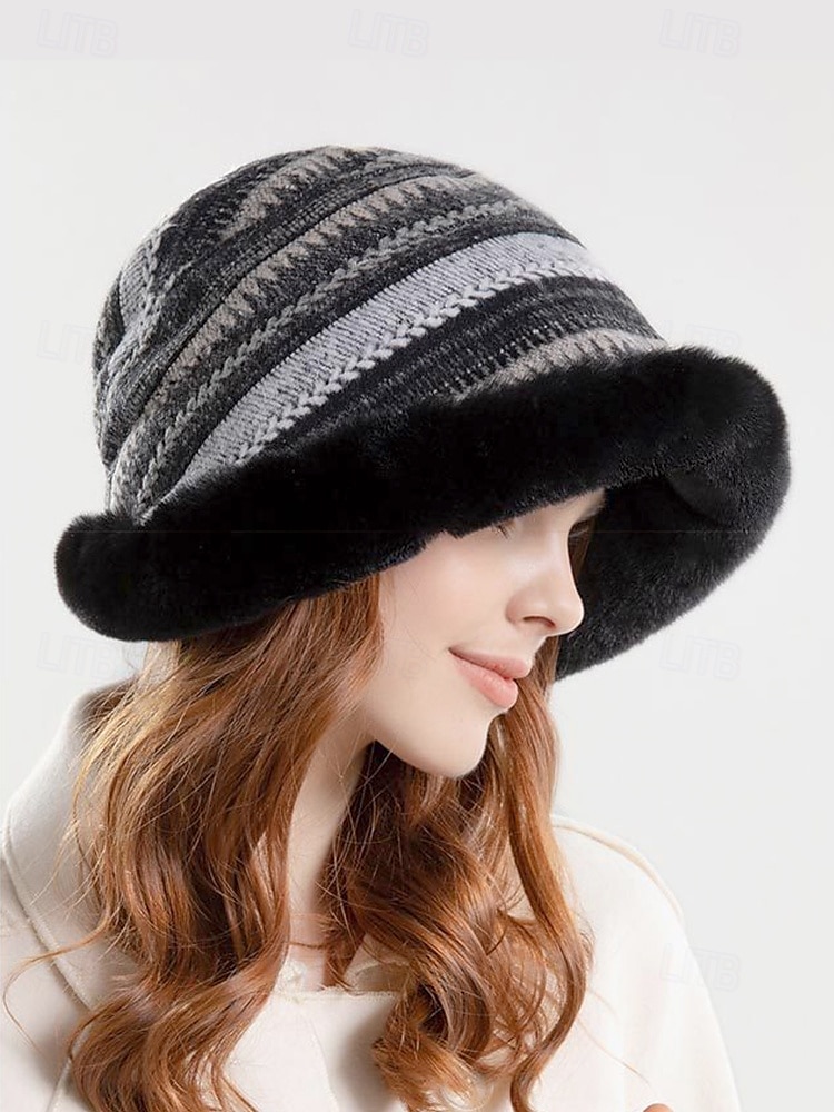 Women's Cozy Faux Fur Winter Hat – Vintage Striped Knit Bucket Hat with Warm Plush Lining 2025 - $14.99 –P3
